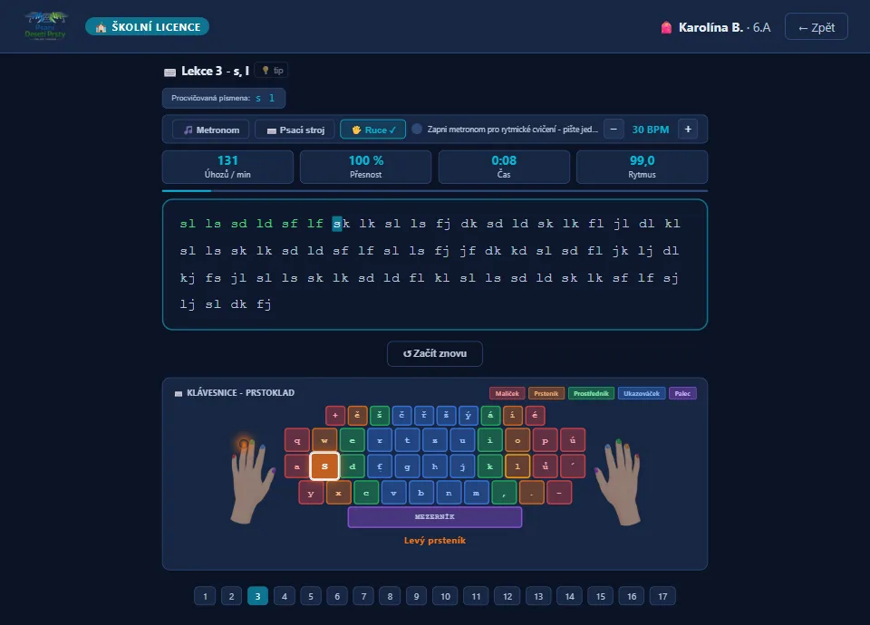 Lekce očima žáka: rychlost, přesnost, čas a rytmus, text cvičení a klávesnice s prstokladem