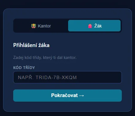 Přihlášení žáka: kód třídy, pak jméno a PIN