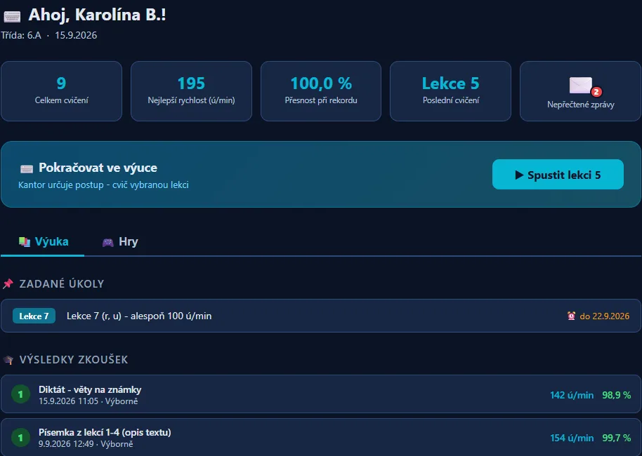 Přehled žáka: celkem cvičení, nejlepší rychlost, přesnost, zadaný úkol, známky ze zkoušek